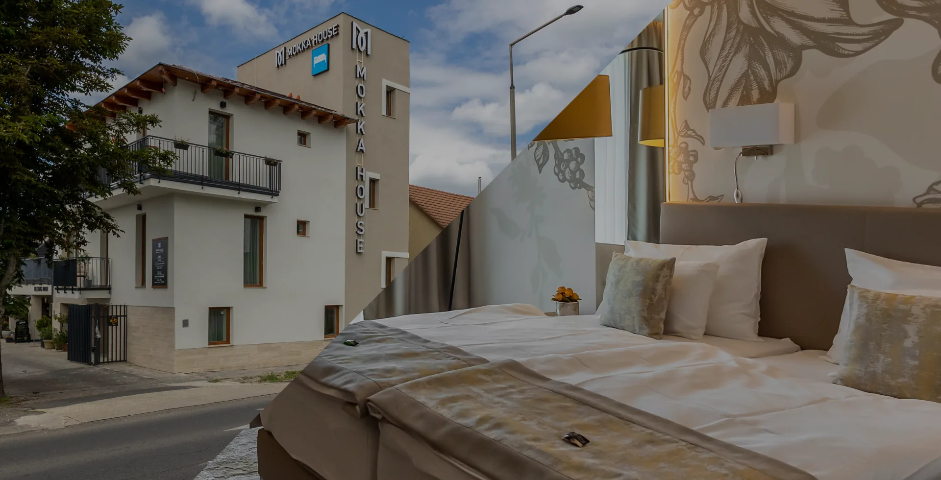 A Mokka House épülete és egyik világos, kényelmes szobája